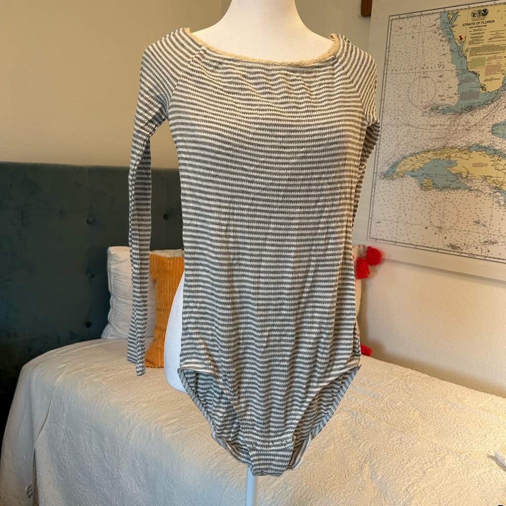 American Rag White and Gray Long Sleeve Bodysuit